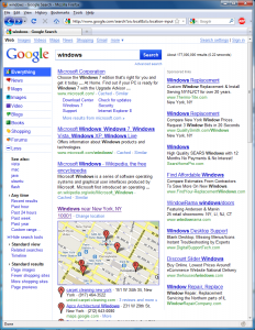 Screenshot of redesigned Google search results for "Windows" even with AdBlock Plus