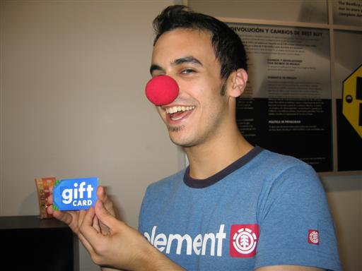 Me with clown nose and gift card